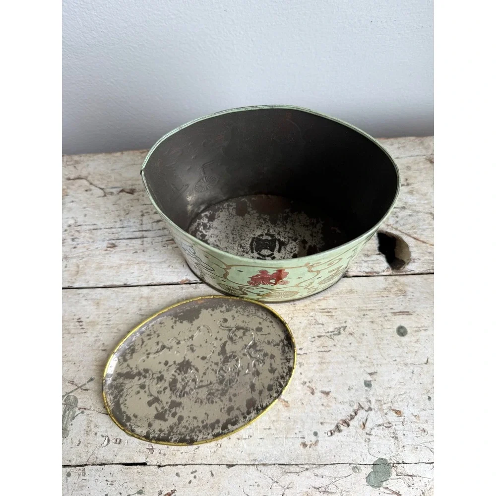 Vintage Baret Ware Art Grace Oval Tin England Victorian Bicycle Graphics Green